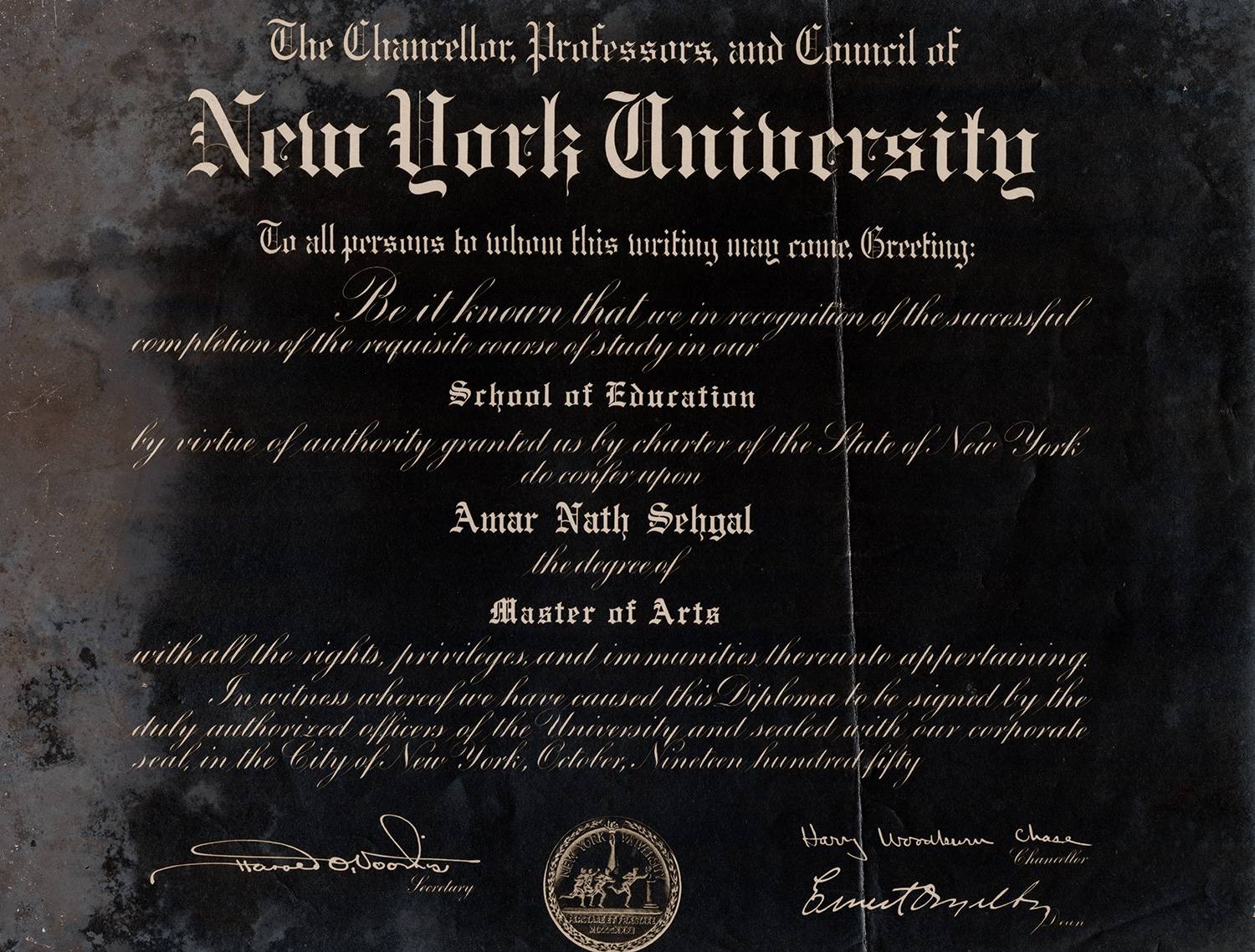 Degree of Masters of Arts, New York University Degree of Masters of Arts, New York University