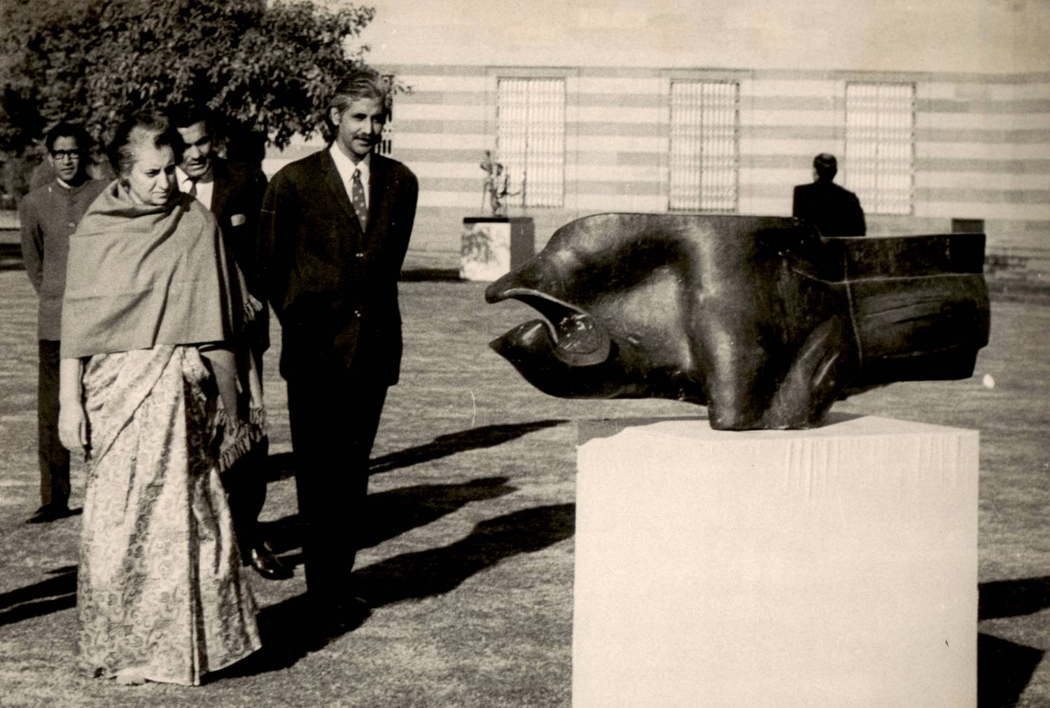 Former Prime Minister Indira Gandhi and Artist at his retrospective exhibition in 1972 at the NGMA
